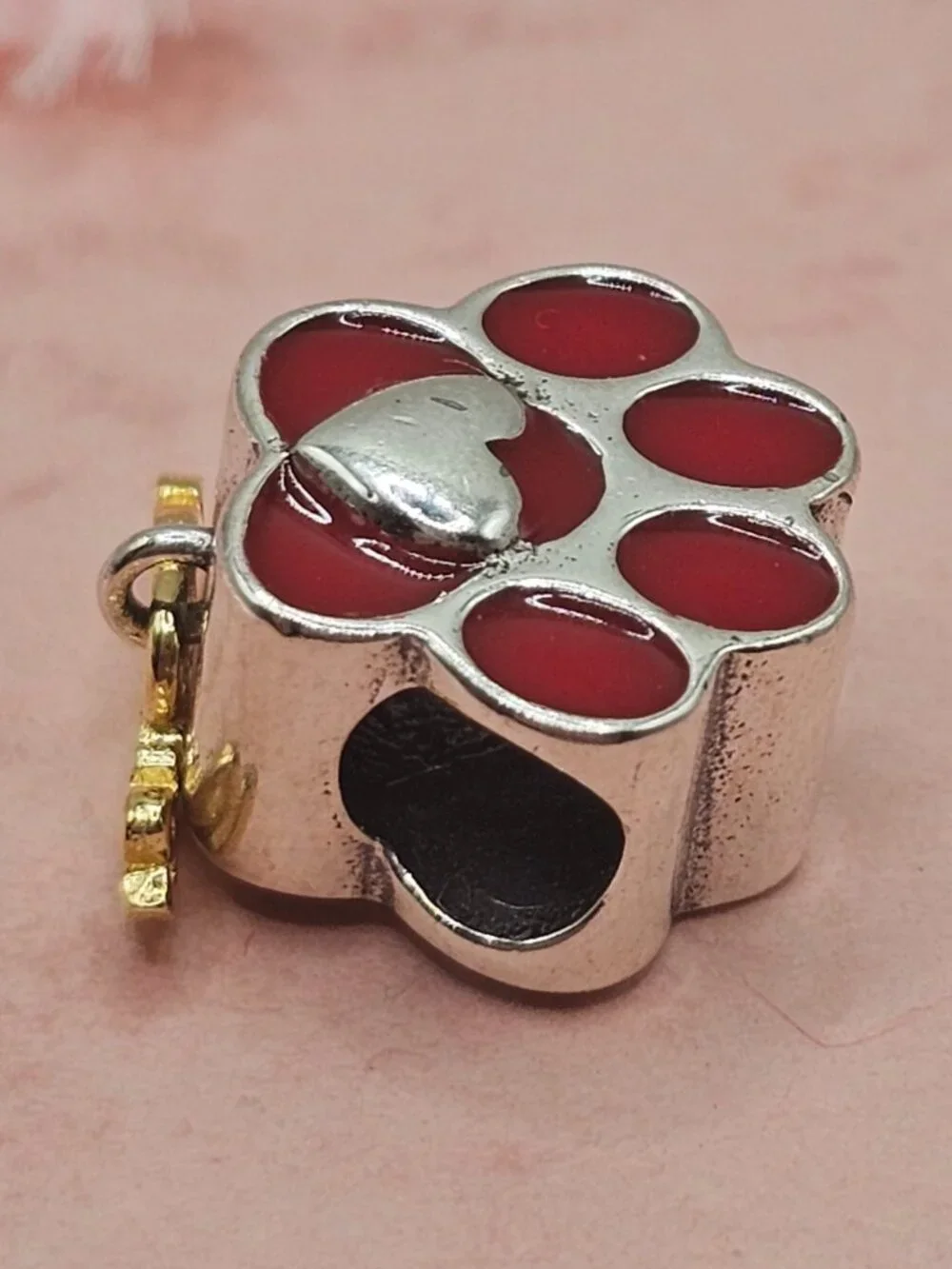 Sterling Silver 925 Rhodium Plated Red Paw with Heart and Dangling Love Charm
